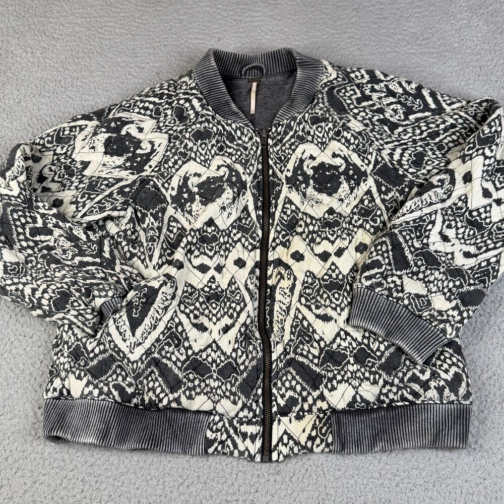 FREE PEOPLE Jacket Womens Medium Gray Quilted Bomber Full Zip Geometric Lined